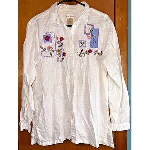 Bobbie Brooks Vintage White Embroidered Floral 100% Cotton Button Down Shirt L